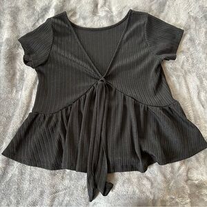 Black Tie-Front Women's Top flowy bottom textured short sleeve V-neck